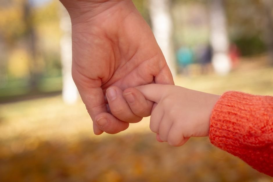 Close-up of parent and child hands holding together in a beautiful autumn setting.